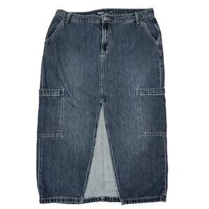 Maxi Cargo Jean Skirt 14 Mid-Rise Drapey Denim Grunge Retro Dark Wash